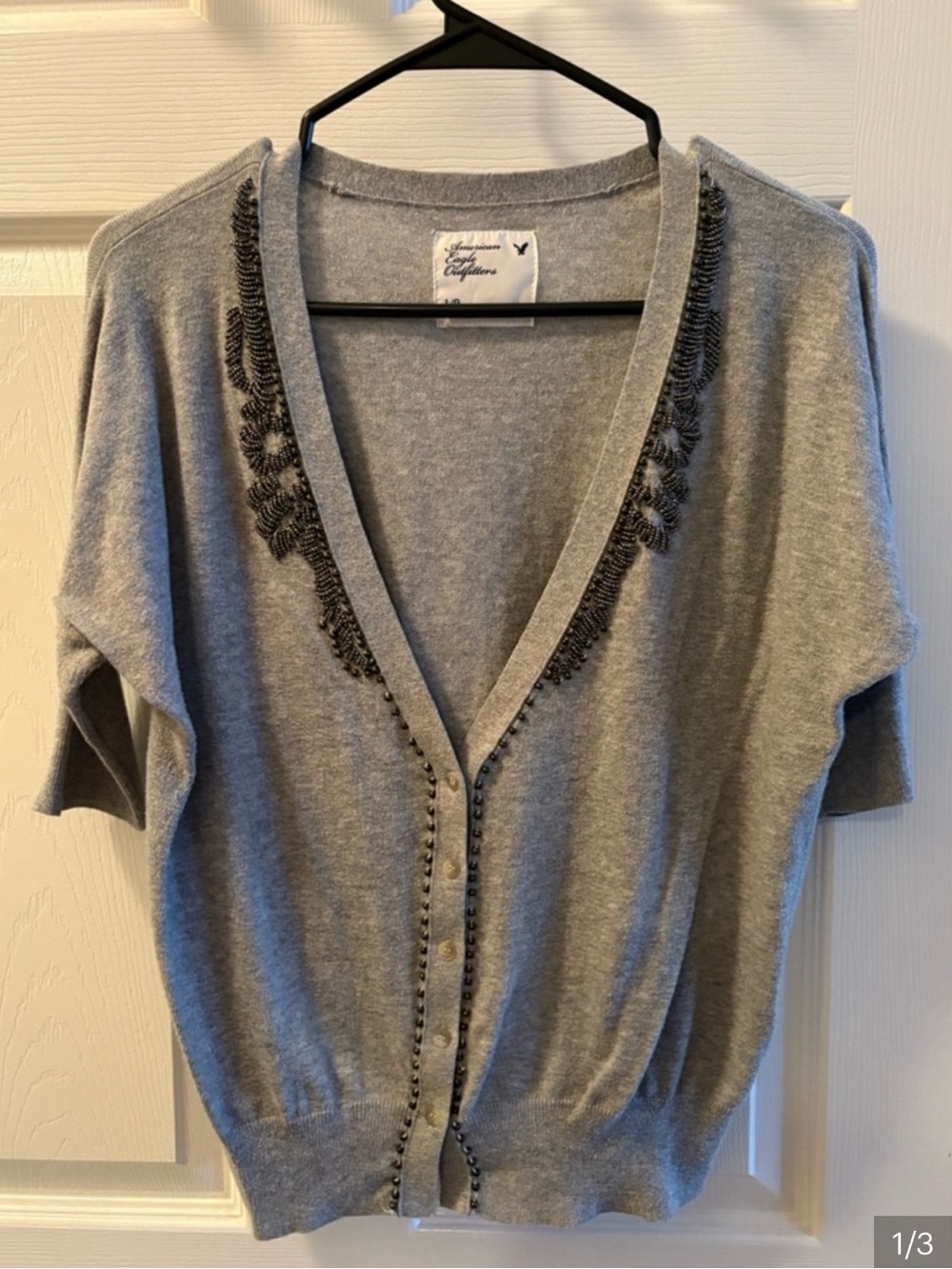 American Eagle Outfitters Gray V-Neck Embellished Cardigan